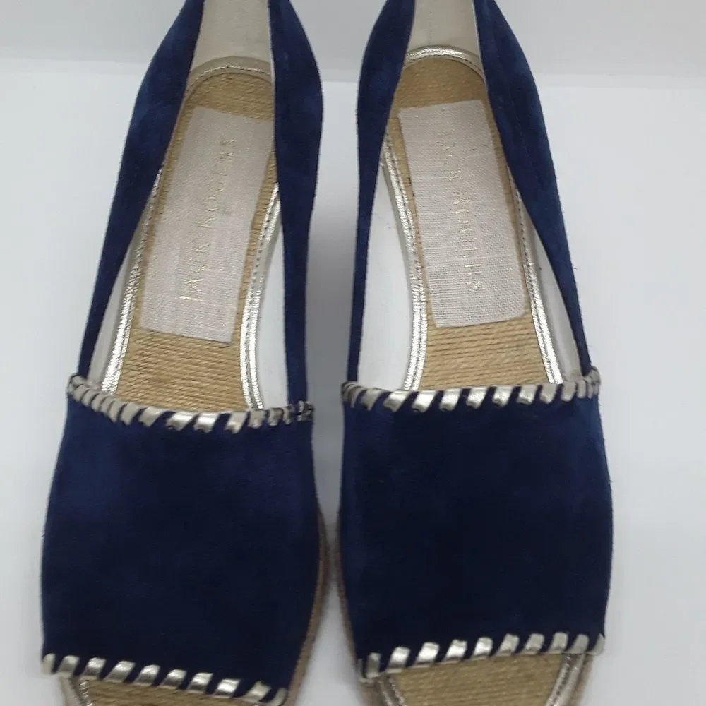 Jack Rogers Palmer Wedges Midnight Blue & Gold Stitching  Size 9M/NWT - Picture 2 of 10